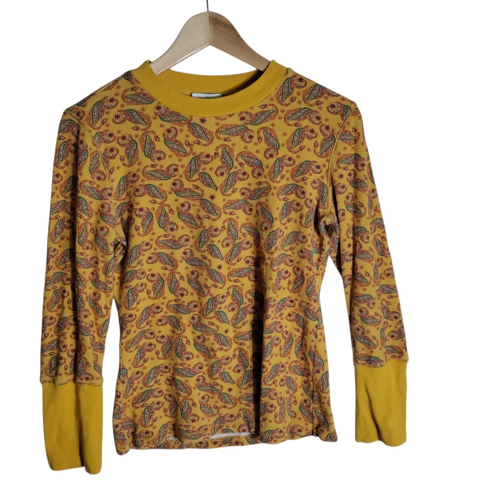 Sundance Womens Mustard Yellow Paisley Thermal Waffle Knit Button Cuff Top M